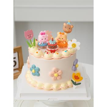 網紅卡通蛋糕裝飾軟膠游泳圈小熊小兔擺件兒童生日派對小花插牌