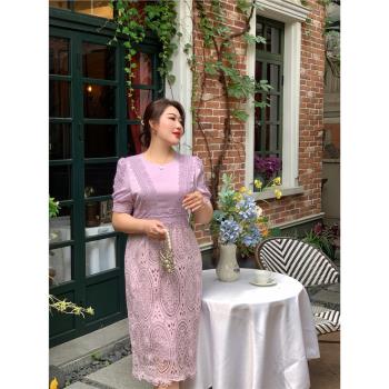 GLEC大碼女裝高端輕奢2023新款設計感時尚名媛紫色蕾絲刺繡連衣裙