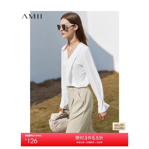 Amii2025秋季新款V領白色雪紡衫女收褶喇叭袖襯衫設計感小眾上衣