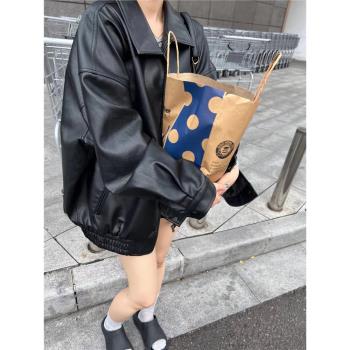 廓形設計感寬松機車皮衣女pu復古中長款黑色夾克外套棒球服早春裝