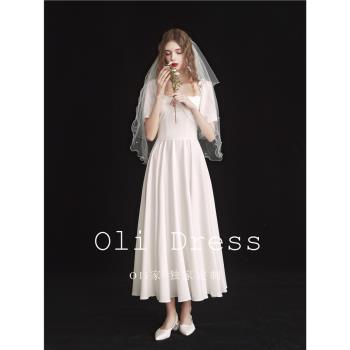 Oli家 白色緞面禮服女2023款新娘結婚領證小白裙中長抹胸仙氣旅拍