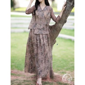 洛雲謠夏季原創民族風印花薴麻套裝寬松優雅國風顯瘦盤扣綁帶襯衫