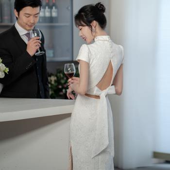 改良旗袍敬酒服年輕款高階復古中式婚紗白色露背蕾絲訂婚回門禮服