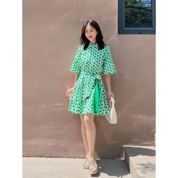 [博主同款]CICI DVF2023秋季新款法式綠白油畫太陽花一片式連衣裙