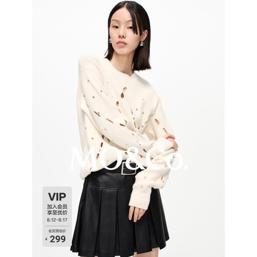 MOCO毛衣美麗諾綿羊毛春鏤空寬松燙鉆針織衫圓領女菱格摩安珂