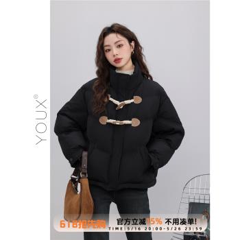 YOUX黑色立領復古加厚外套羽絨服