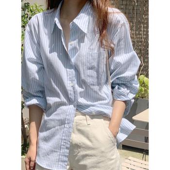韓國東大門春裝新款藍白條紋Polo領系扣襯衫女溫柔風寬松長袖上衣