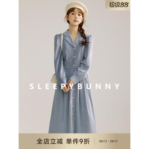 X瞌睡兔 西裝領燈芯絨連衣裙女冬法式復古收腰顯瘦氣質a字長裙