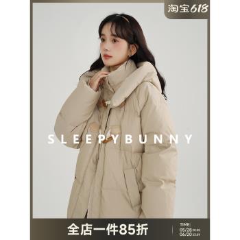 瞌睡兔95白鴨絨羽絨服女冬寬松加厚保暖牛角扣中長款三防連帽外套