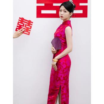 敬酒中式火龍果旗袍結婚禮真絲