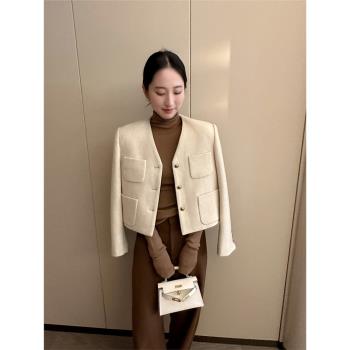 PINKEEN杏色小香風西服女早秋2024新款簡約精致通勤羊毛短款外套