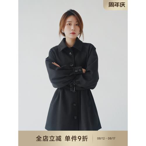 X瞌睡兔圓舞曲黑色赫本風呢子大衣女2026新款冬收腰顯瘦短款外套