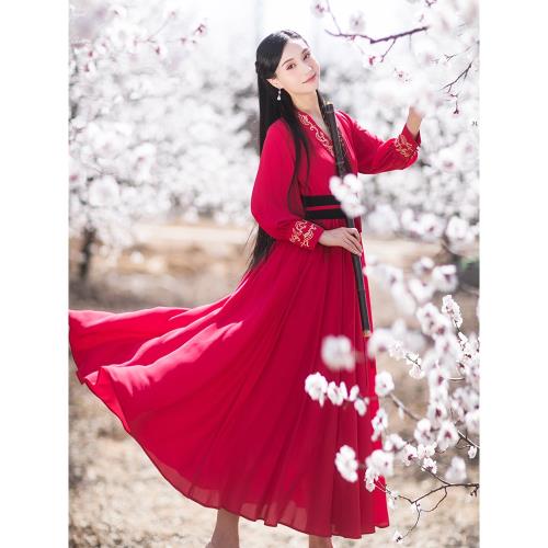 【5折】棉麻記改良漢服刺繡長裙女春款國風紅色連衣裙氣質裙子仙