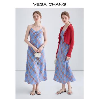 VEGA CHANG吊帶連衣裙女2024年夏季新款法式小眾設計感格紋長裙子