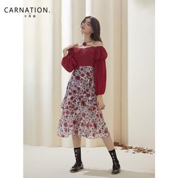 卡芮茜法式復古一字肩紅色玫瑰花洋氣今年流行漂亮連衣裙2022早秋