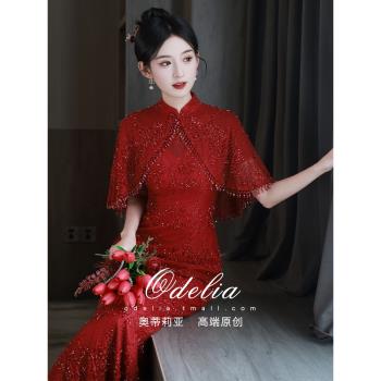 odelia紅色回門新中式蕾絲旗袍