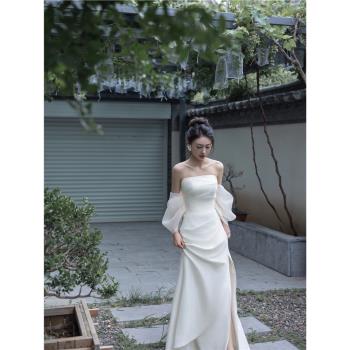 白色訂婚禮裙晨袍女新娘敬酒服答謝宴法式輕婚紗抹胸禮服連衣裙