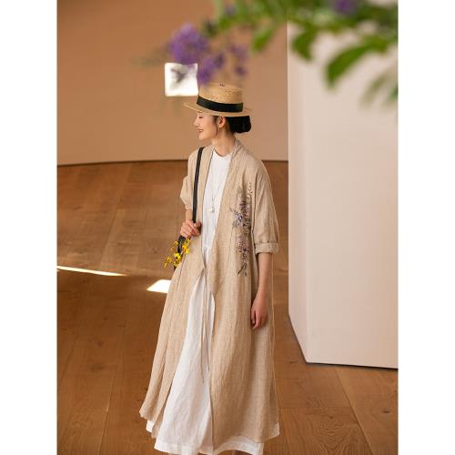 牧衣游原創設計女裝春夏【手工繡花亞麻混織外套風衣】滿懷深情