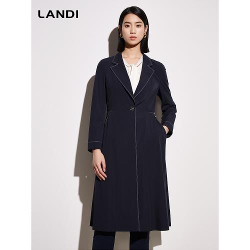 LANDI藍地藏藍撞色明線長款收腰風衣女春季新款小個子外套