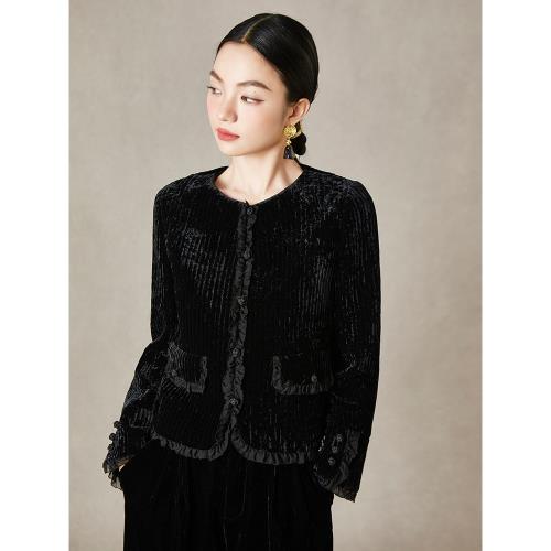 qs秸熙秋冬新復古輕國風絲絨棉服外套荷葉邊短款時尚修身顯瘦上衣