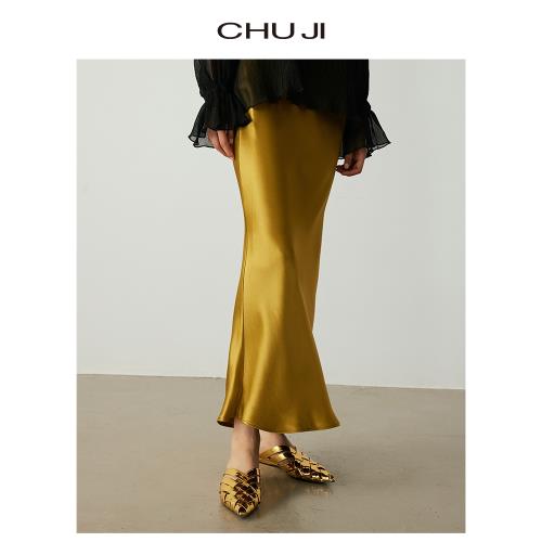 出跡設計感醋酸緞面半身裙女2025夏新款高腰綢緞垂感魚尾裙月光裙