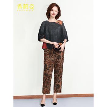真絲香雲紗短袖t恤女夏季2025媽媽正肩女士黑色圓領高階上衣夏款