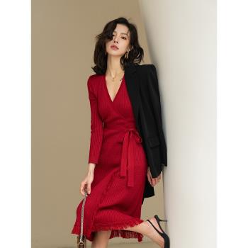 YAYXYE新年戰袍酒紅色高端大牌氣質顯瘦長袖針織連衣裙女2023秋冬