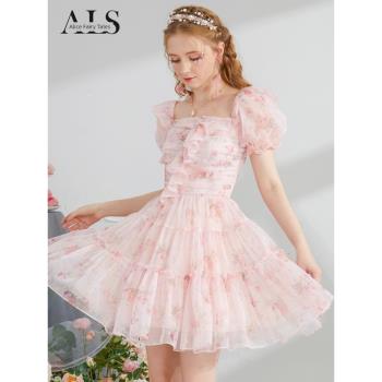 艾麗絲粉色公主風短袖方領蛋糕裙