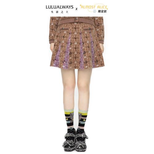 LULUALWAYS/我愛露露 高腰提花針織半身裙撞色傘擺裙氣質高定短裙