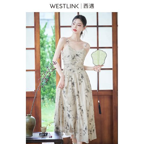 西遇新中式國風連衣裙女2025年夏季夏高級感顯瘦抹胸吊帶裙子