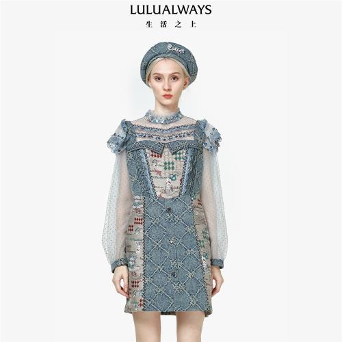 LULUALWAYS【商場同款】新款休閑街頭潮流牛仔拼布連衣裙復古顯瘦