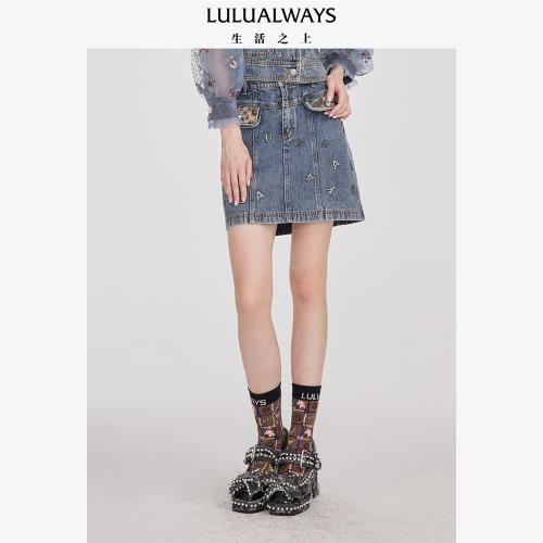 LULUALWAYS我愛露露新款品牌印花LOGO撞色圖案牛仔半裙包臀裙