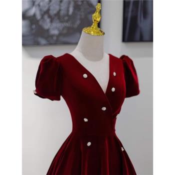 敬酒服新娘新款長袖紅色法式氣質簡約訂婚回門結婚宴會晚禮服裙女