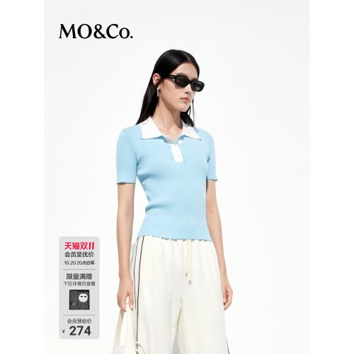 MOCO款小香風撞色POLO領短袖修身針織衫上衣法式女輕薄女摩安珂