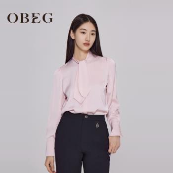 OBEG純色緞面光澤感優雅飄帶襯衫