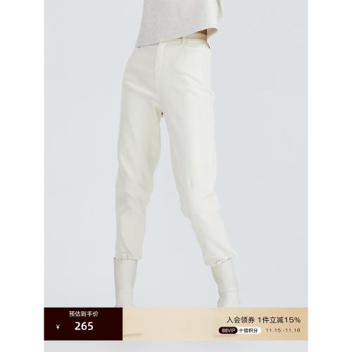 OBEG歐碧倩黑色直筒牛仔褲女簡潔通勤高腰長褲10424090