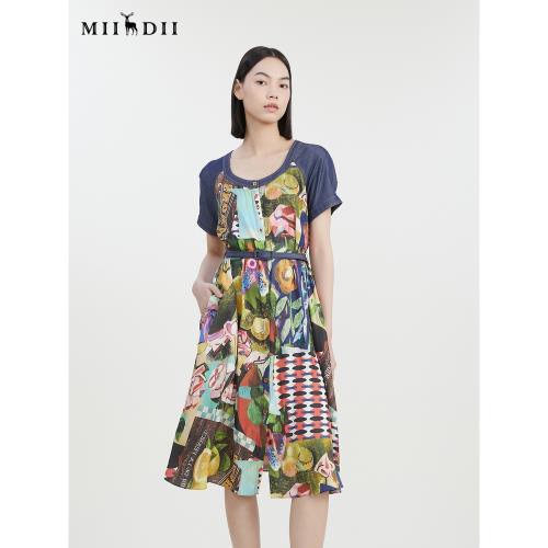 謎底花色連衣裙夏新款復古印花拼接長裙短袖配皮帶232ML0702