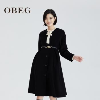 OBEG雙面呢簡潔中長款羊毛大衣