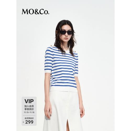 MOCO法式經典條紋雕花金扣圓領短袖短款針織衫輕潮上衣摩安珂