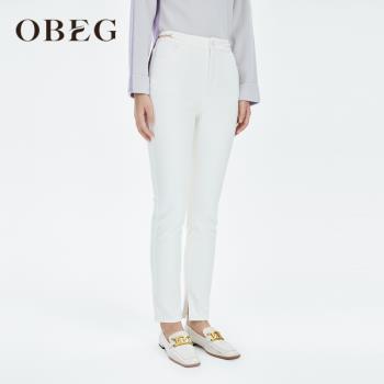 OBEG白色保暖通勤彈力修身牛仔褲