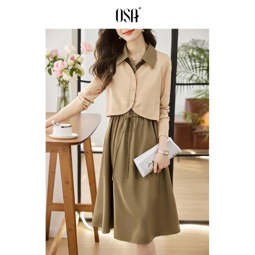 OSA歐莎法式假兩件針織襯衫連衣裙秋裝女2024年新款顯瘦氣質裙子