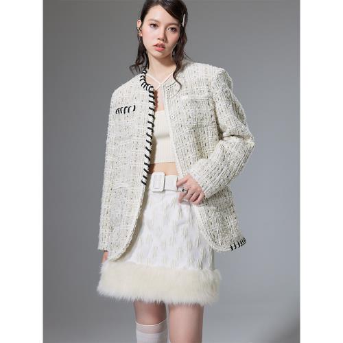 【清倉特惠】DIDDI花呢編織小香風針織外套款毛邊米色圓領上衣