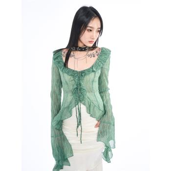 坂卜Bambu 法式蕾絲開衫女小眾時尚設計感百搭秋季荷葉邊外搭上衣
