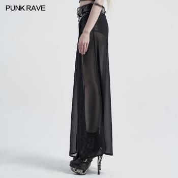 PUNK RAVE朋克黑色開叉中長半裙牛仔裙高腰顯瘦網紗夏季新款褲裙