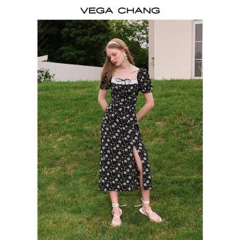 VEGA CHANG黑色小眾碎花連衣裙