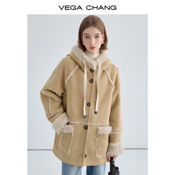 VEGA CHANG加絨皮毛一體短外套女2024年秋冬新款保暖連帽大衣