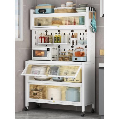 客廳餐邊柜洞洞板廚房置物架多層落地微波爐收納架翻蓋門儲物櫥柜