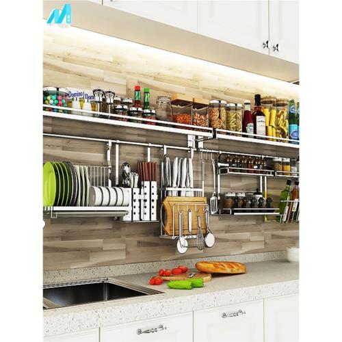 304不銹鋼廚房置物架壁掛式免打孔掛架墻上調料品刀具碗盤收納架