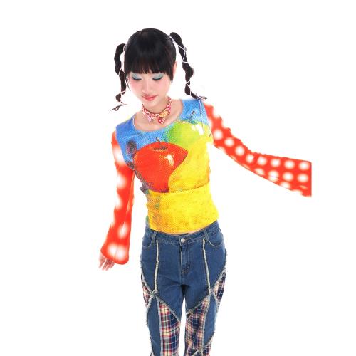 FRUITS水果波點喇叭袖針織彈力上衣