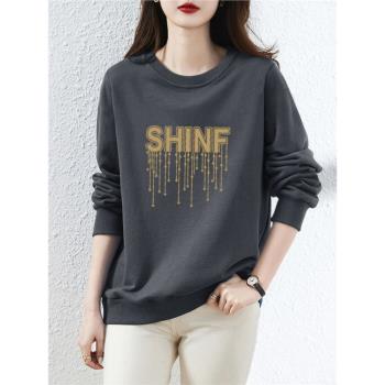高階感灰色純棉衛衣女秋冬季時尚洋氣寬松T恤加絨加厚顯瘦外套潮